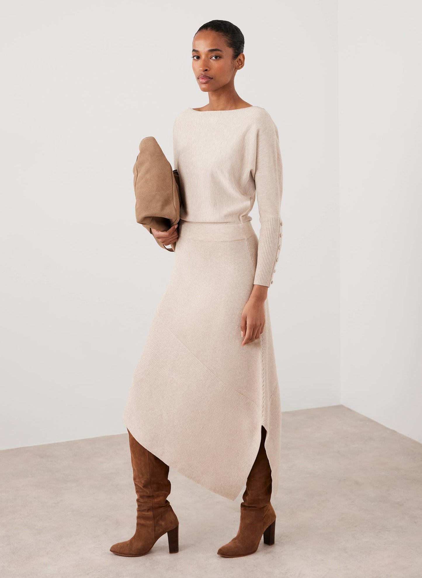 Neutral Batwing Asymmetric Knit Maxi Dress