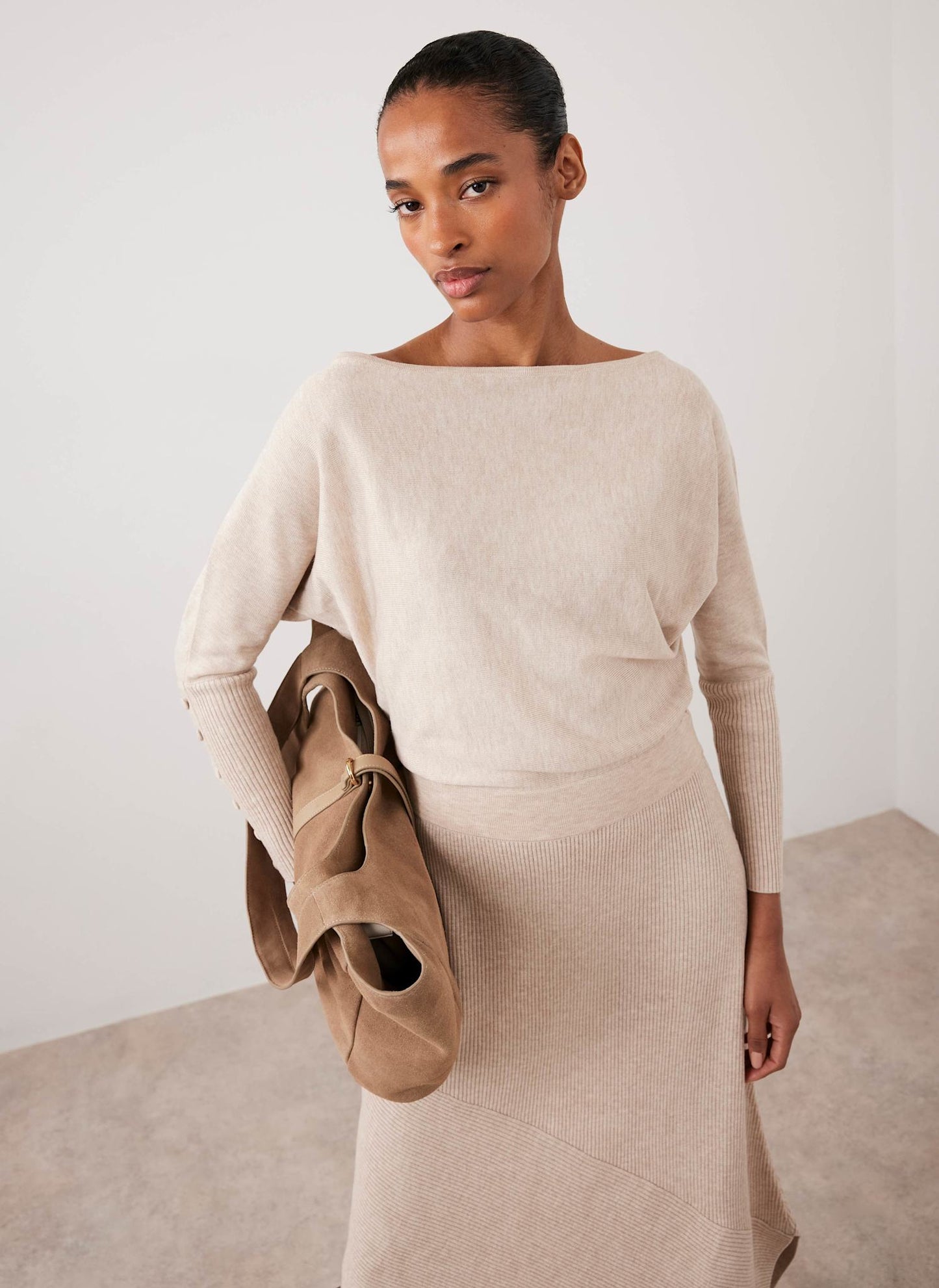 Neutral Batwing Asymmetric Knit Maxi Dress