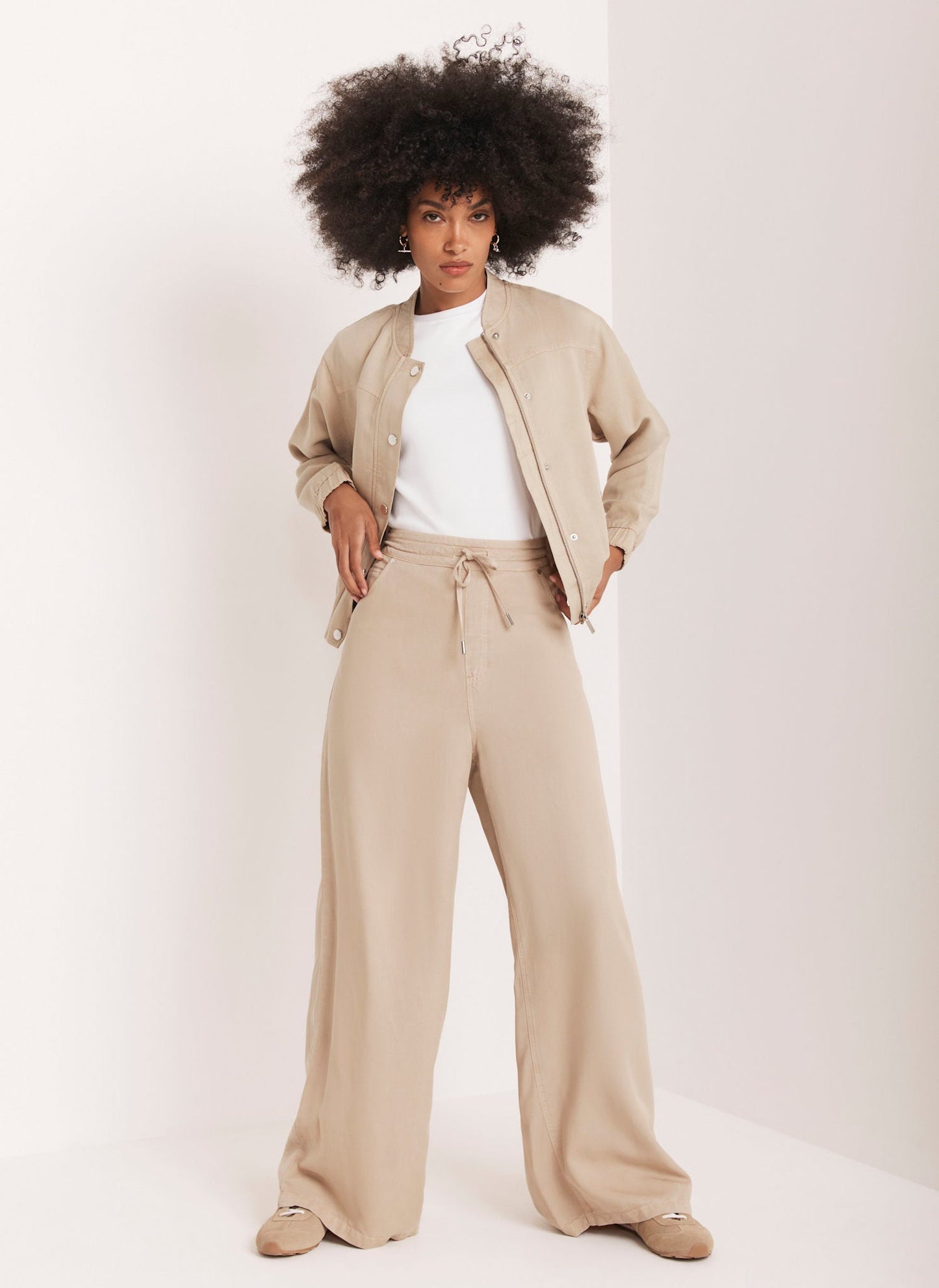 Neutral Stone Washed Wide Leg Trousers