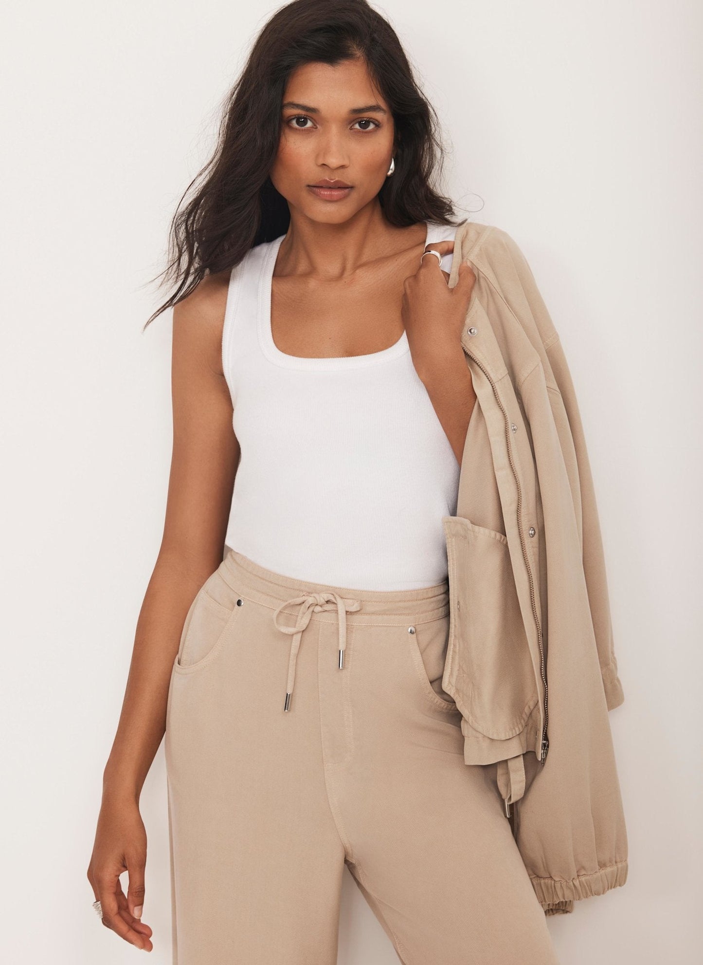 Neutral Stone Washed Wide Leg Trousers