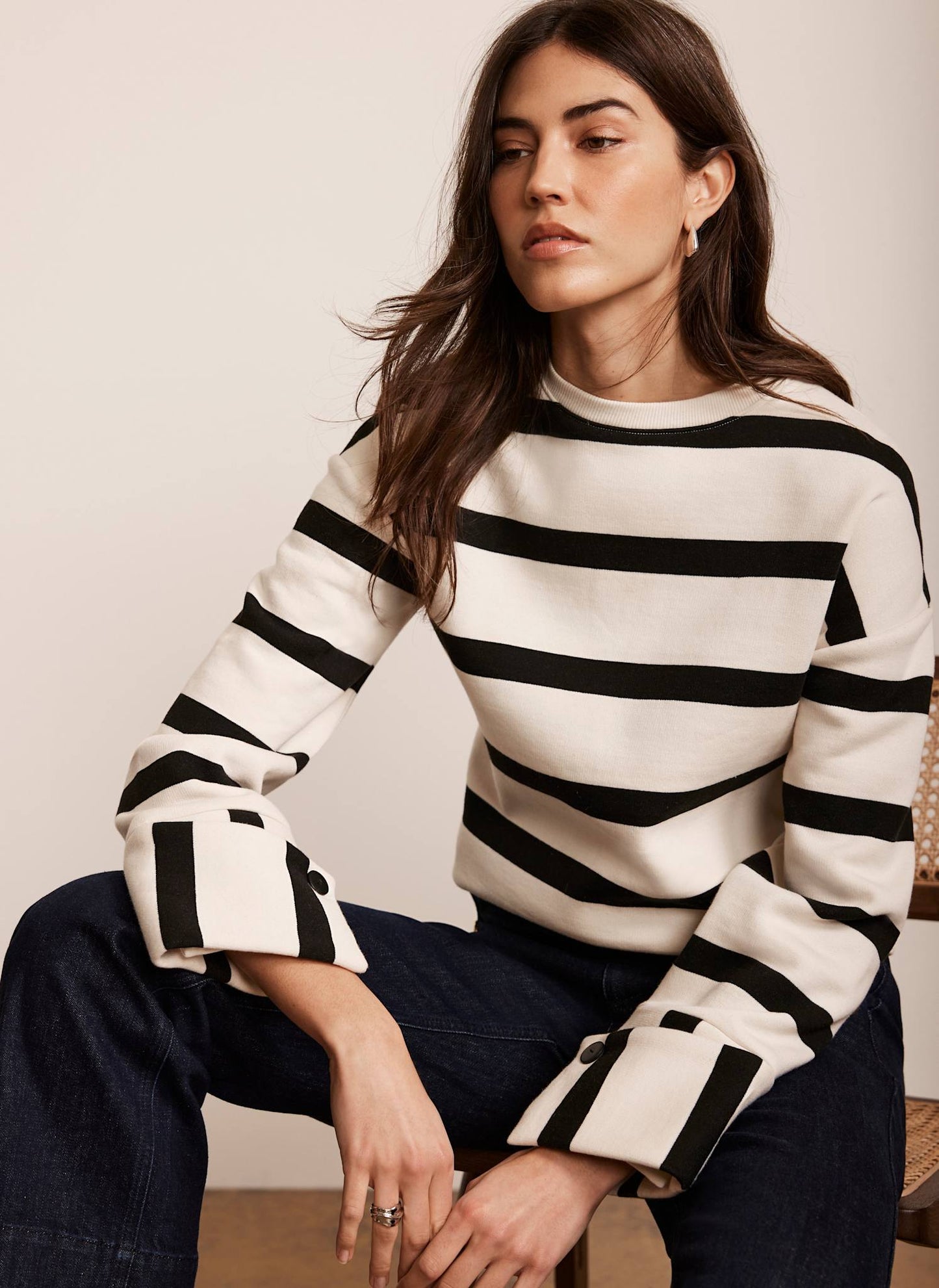 Cream Striped Statement Cuff Sweatshirt