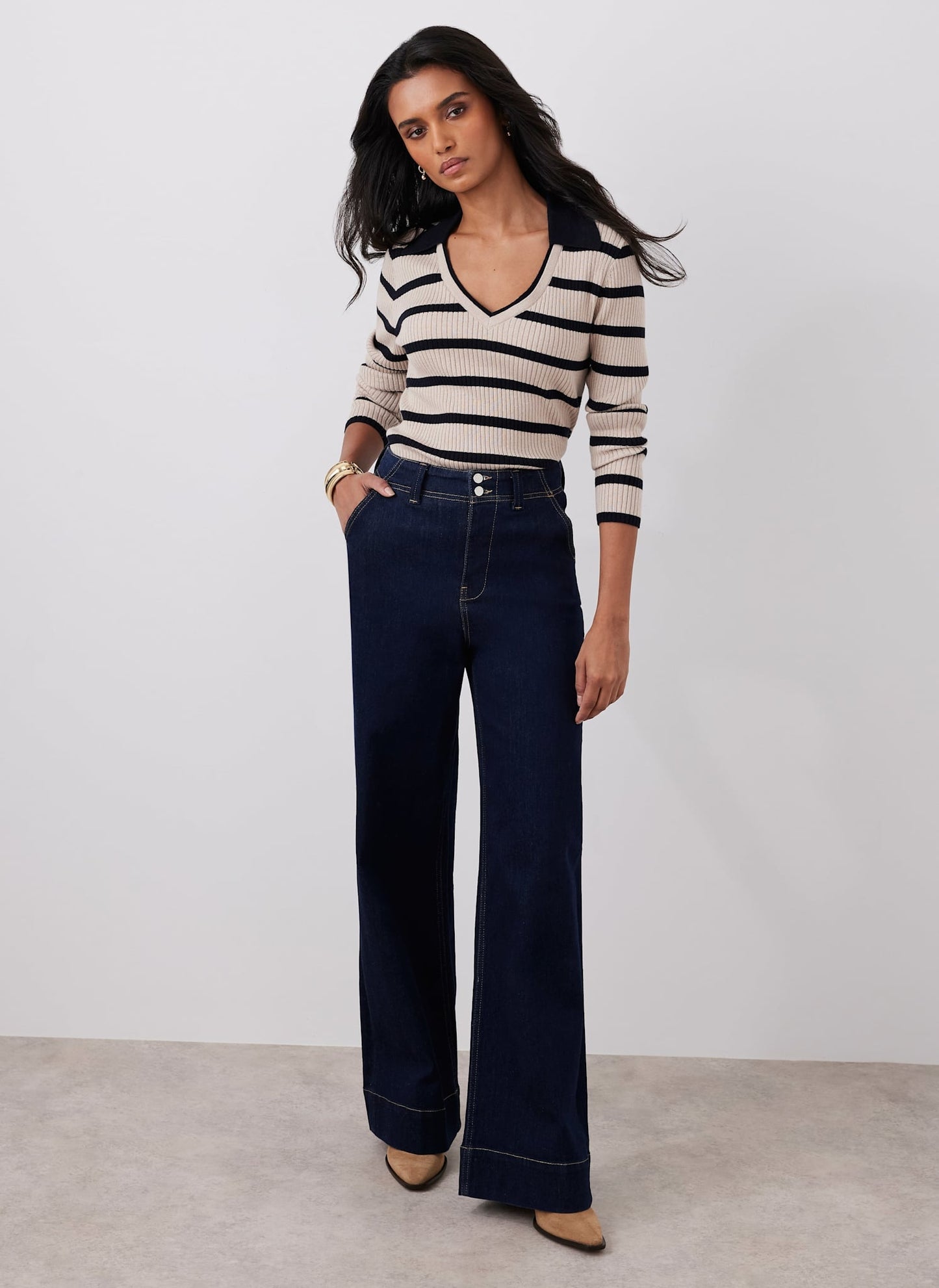 Cream Cotton Blend Striped Ribbed Top