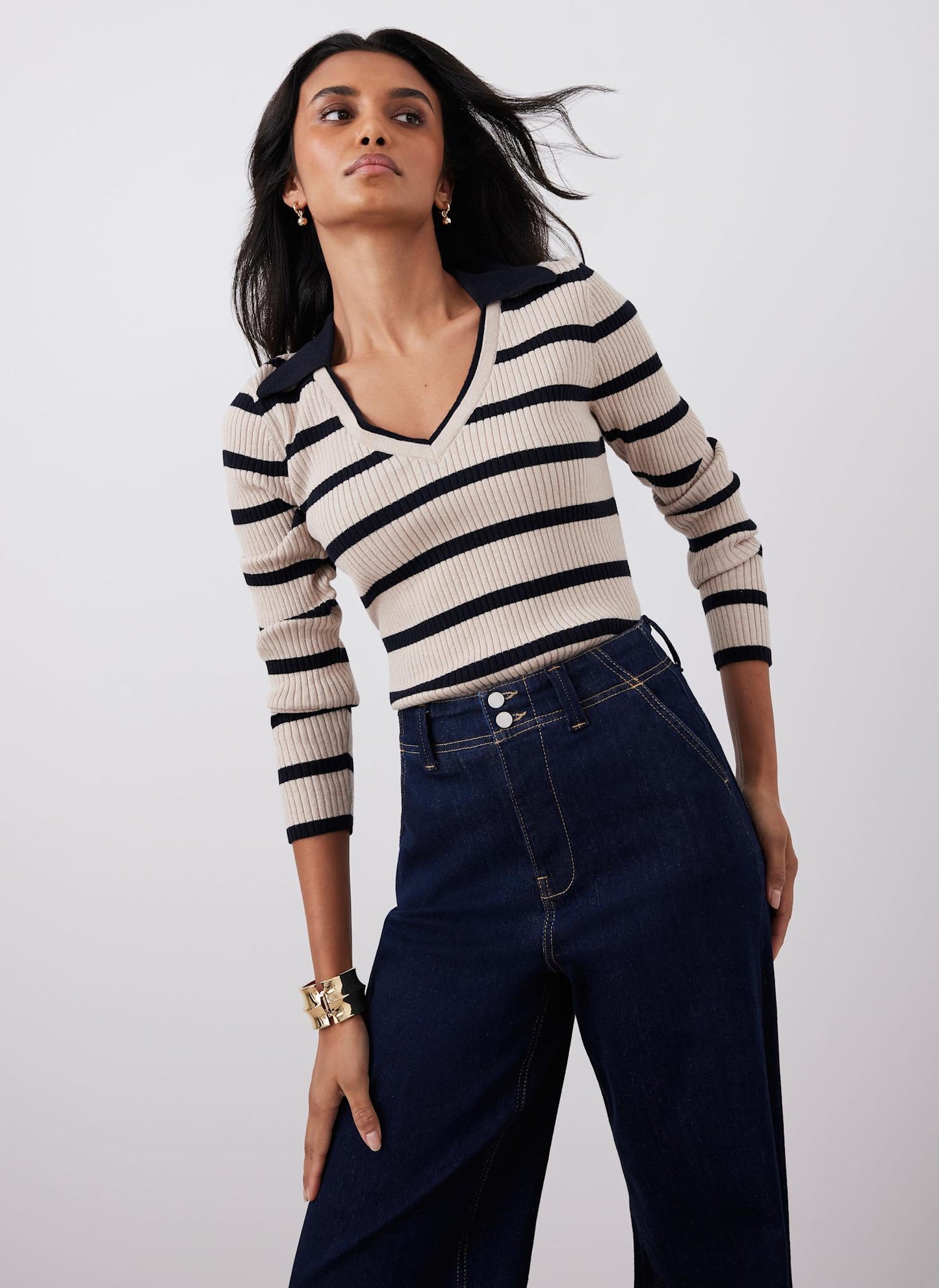 Cream Cotton Blend Striped Ribbed Top