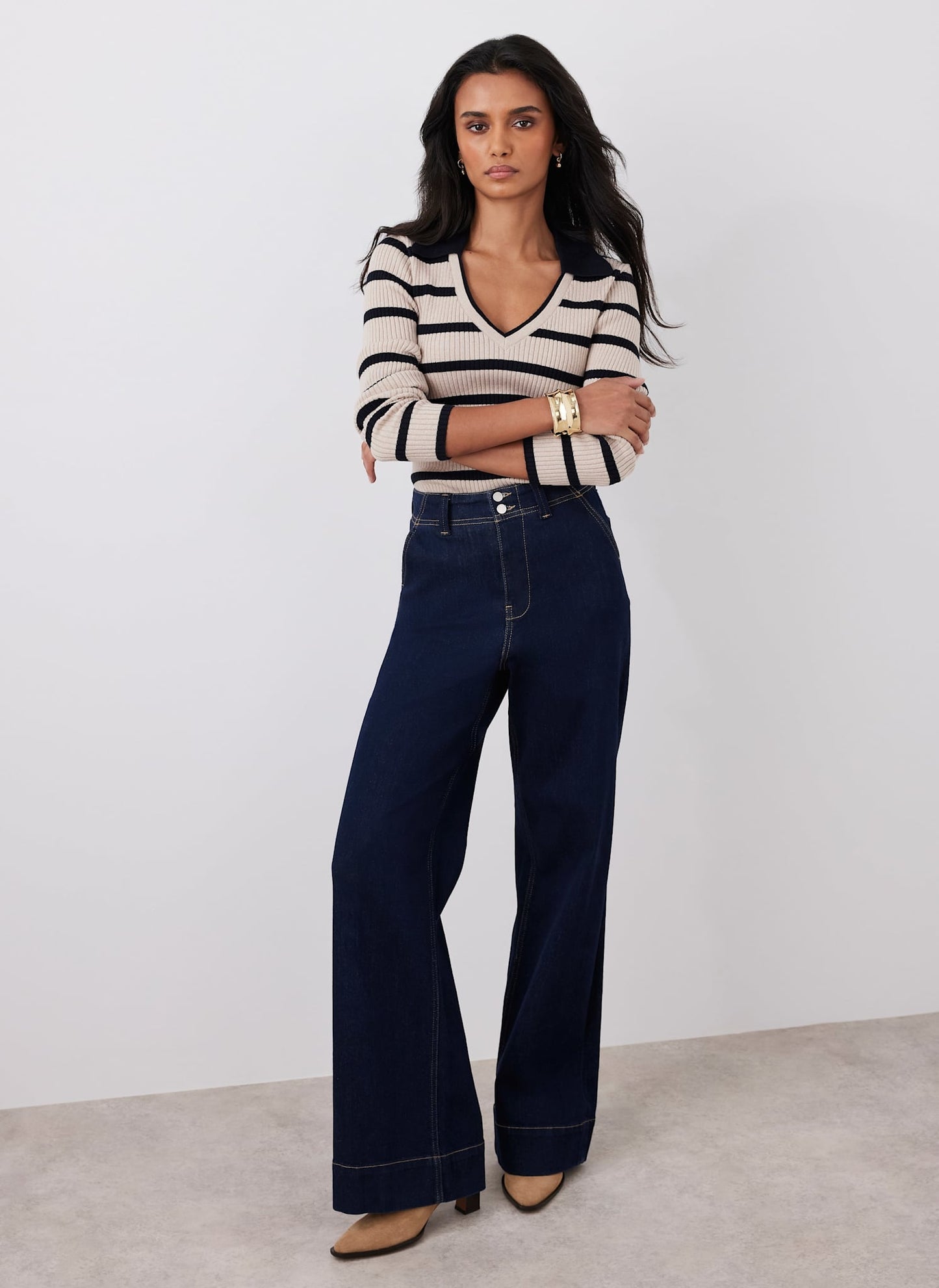 Cream Cotton Blend Striped Ribbed Top
