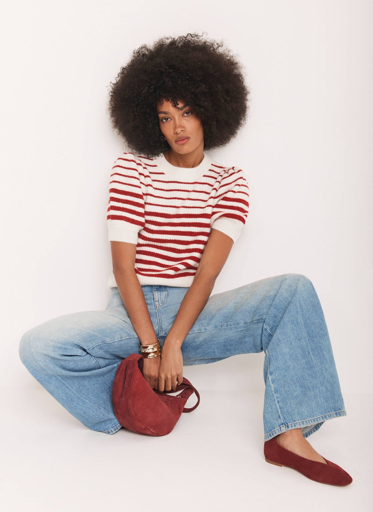 Red Striped Puff Sleeve Knit Top