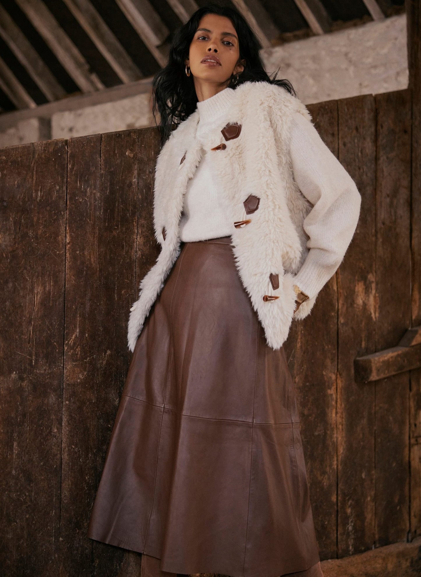 Tan Leather Midi Skirt