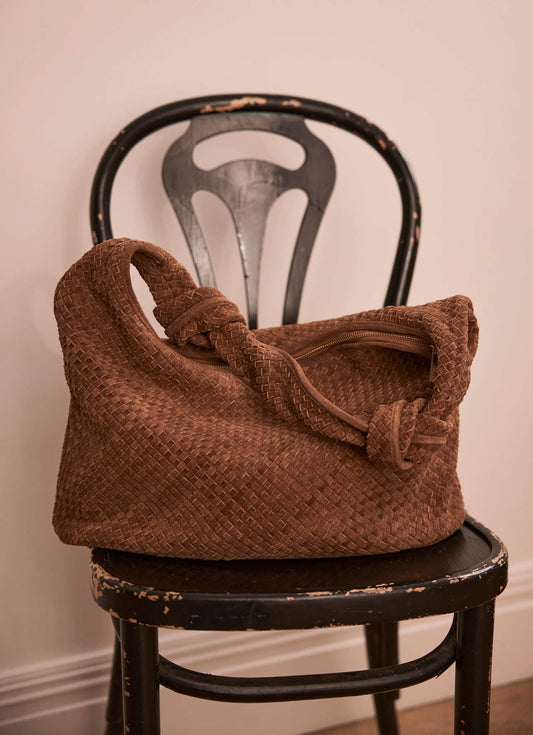 Tan Woven Suede Knot Detail Bag