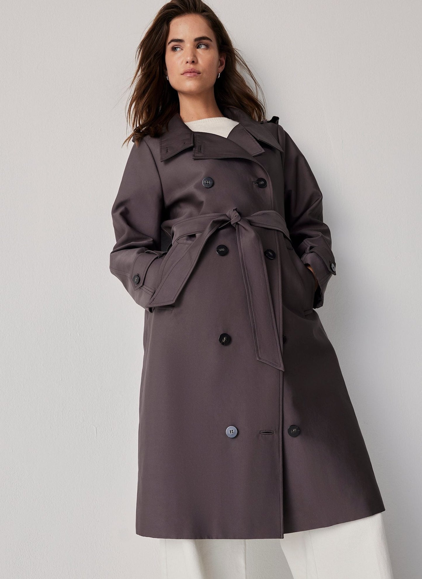 Brown Funnel Neck Trench Coat