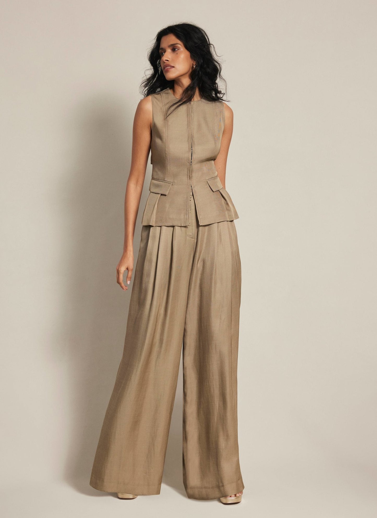 Taupe Pleated Wide Trousers