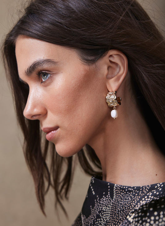 Gold Tone Textured Pearl Drop Earrings