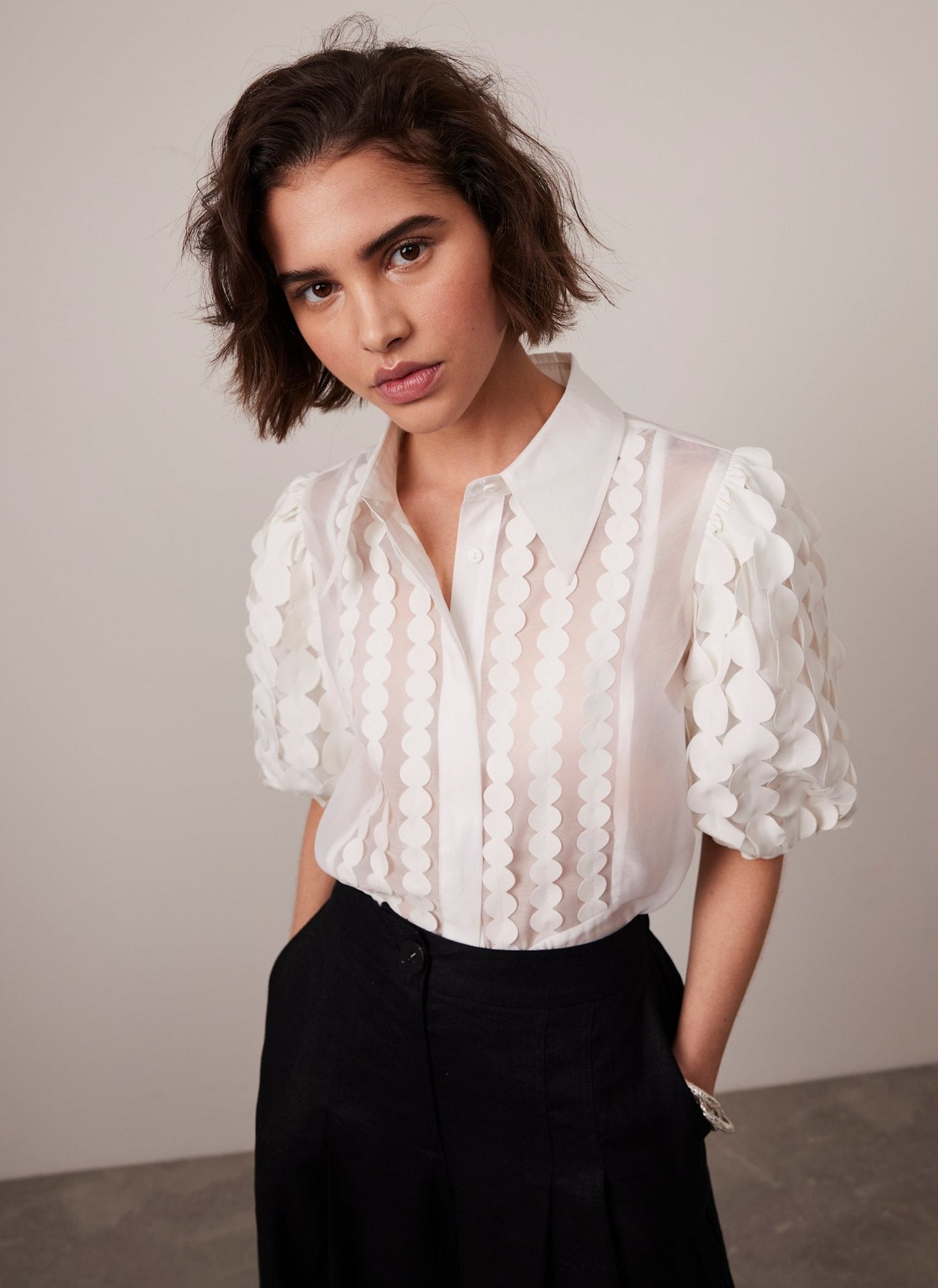 White Organza Puff Sleeve Shirt