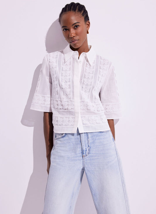 White Crochet Butterfly Trim Cropped Shirt
