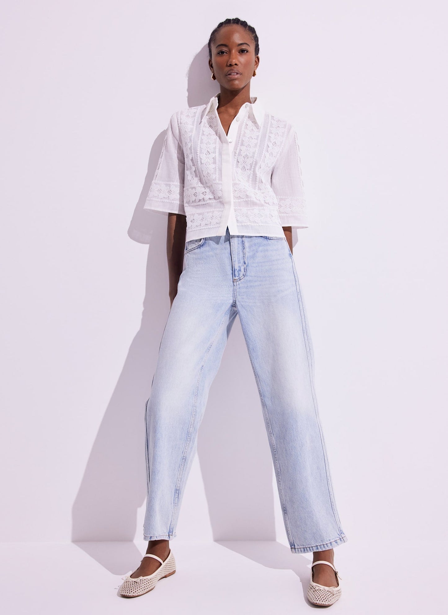 White Crochet Butterfly Trim Cropped Shirt