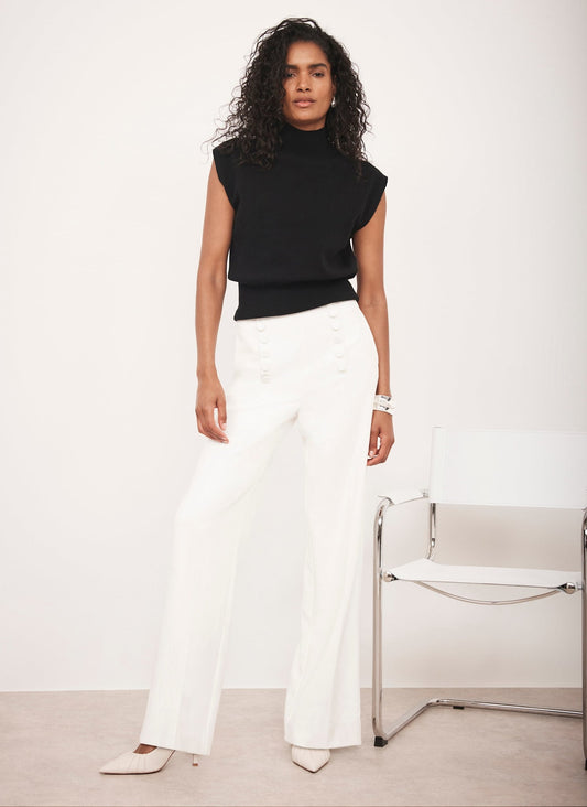 White Button Detail High Waisted Wide Trousers