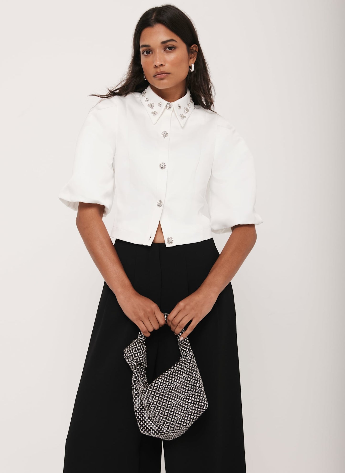White Embellished Collar Cropped Shirt