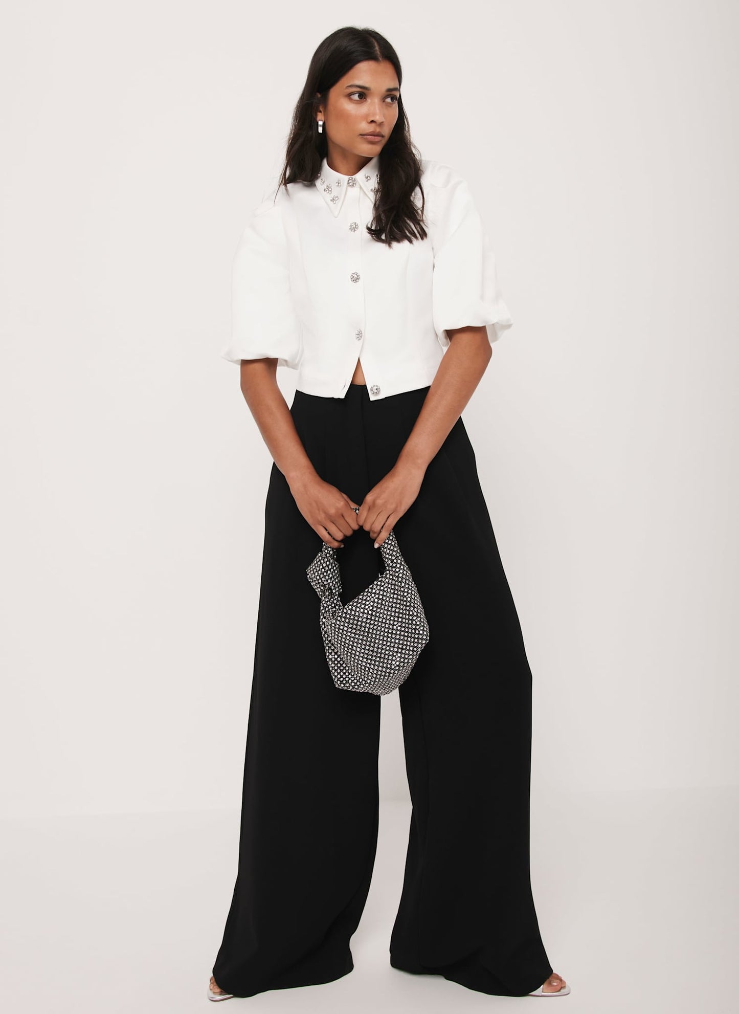 White Embellished Collar Cropped Shirt