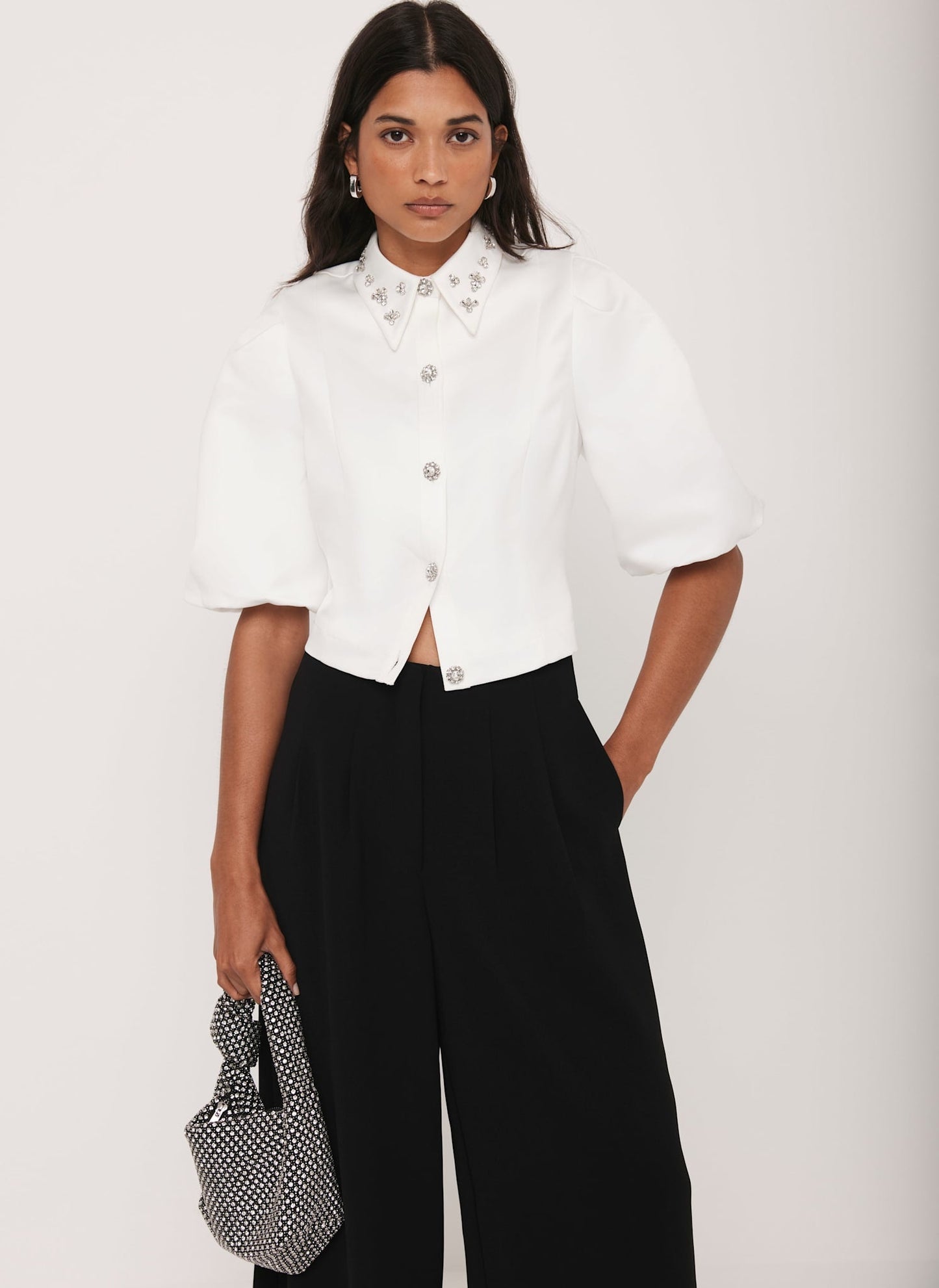 White Embellished Collar Cropped Shirt