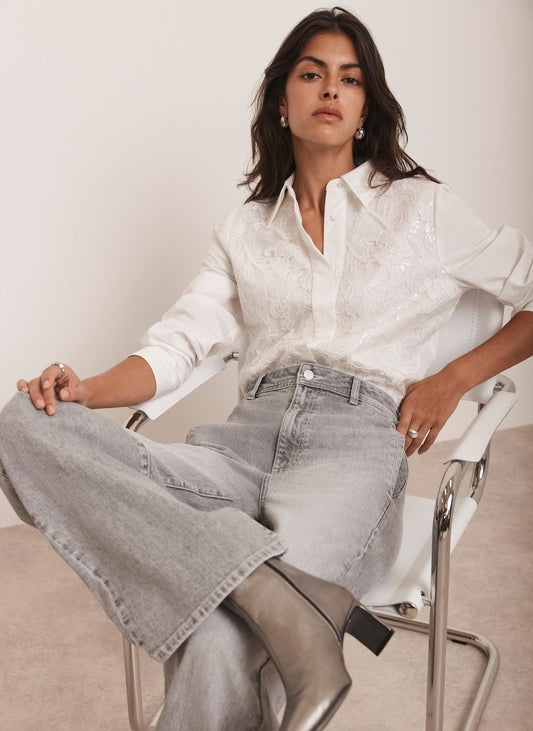 White Sequin Lace Cotton Shirt