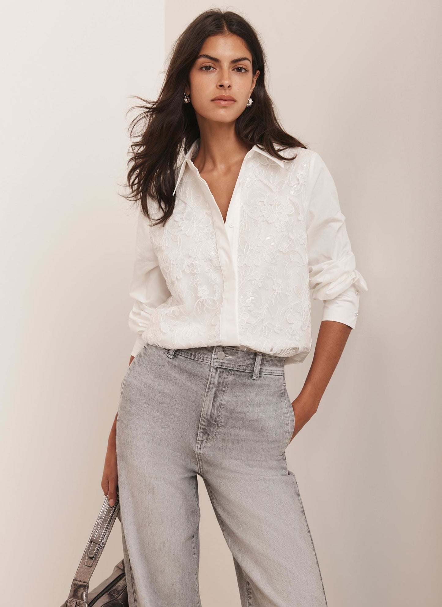 White Sequin Lace Cotton Shirt