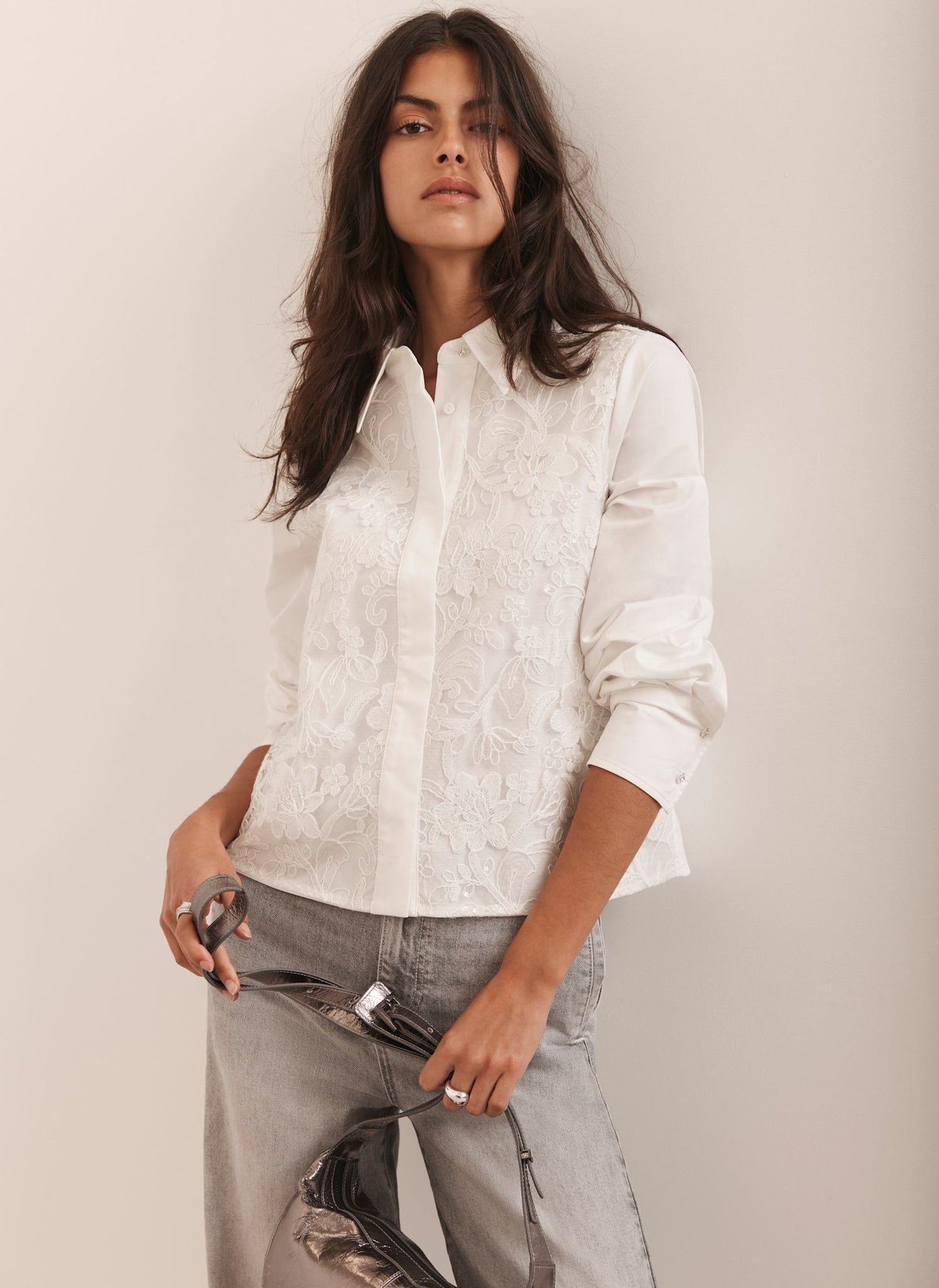 White Sequin Lace Cotton Shirt