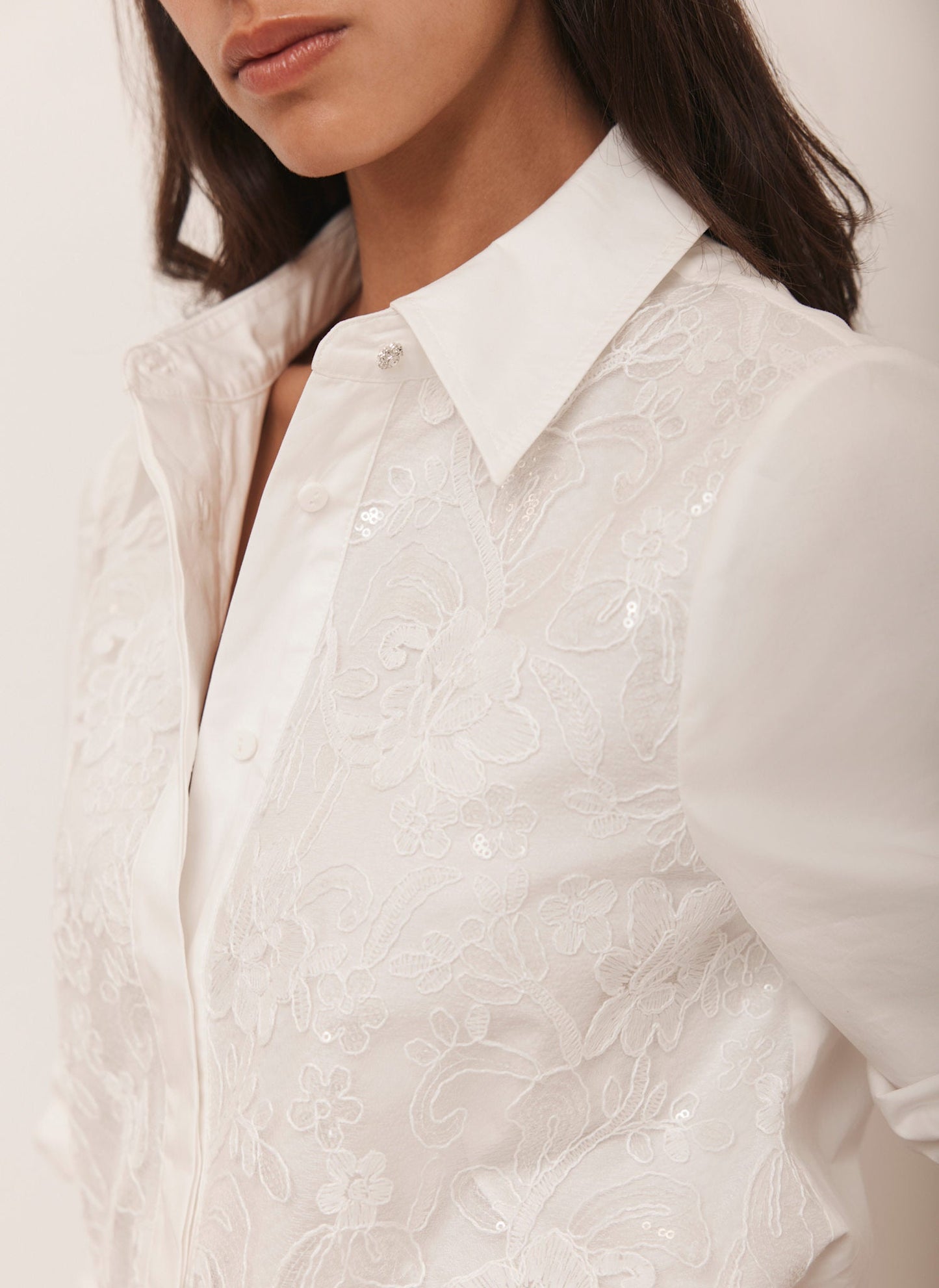 White Sequin Lace Cotton Shirt