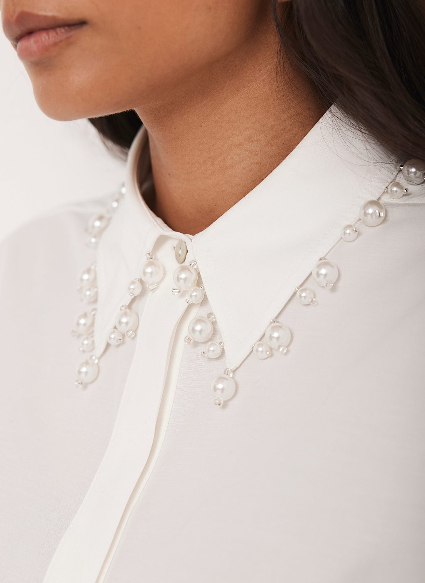 White Cotton Blend Pearl Collar Shirt