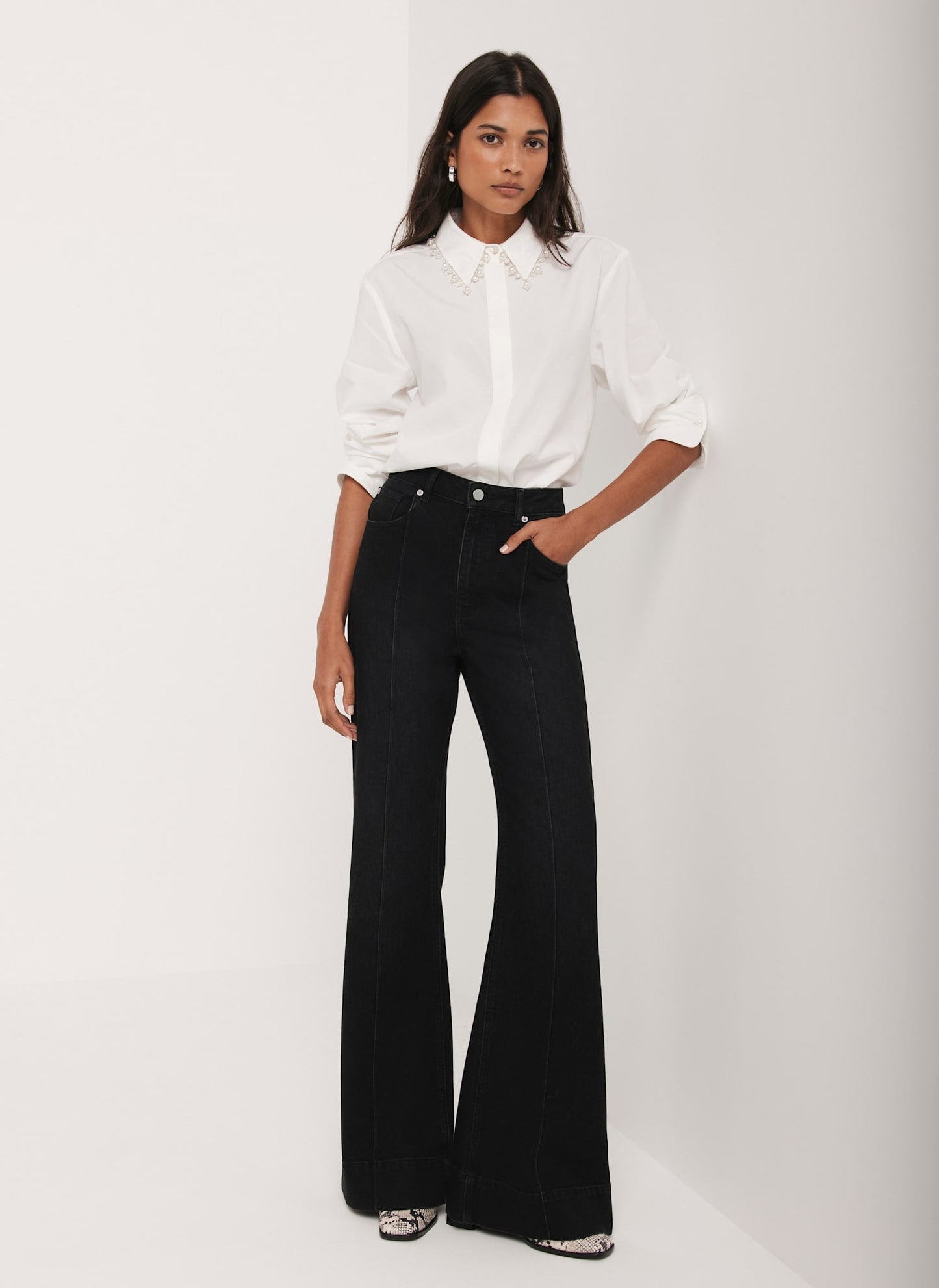 White Cotton Blend Pearl Collar Shirt