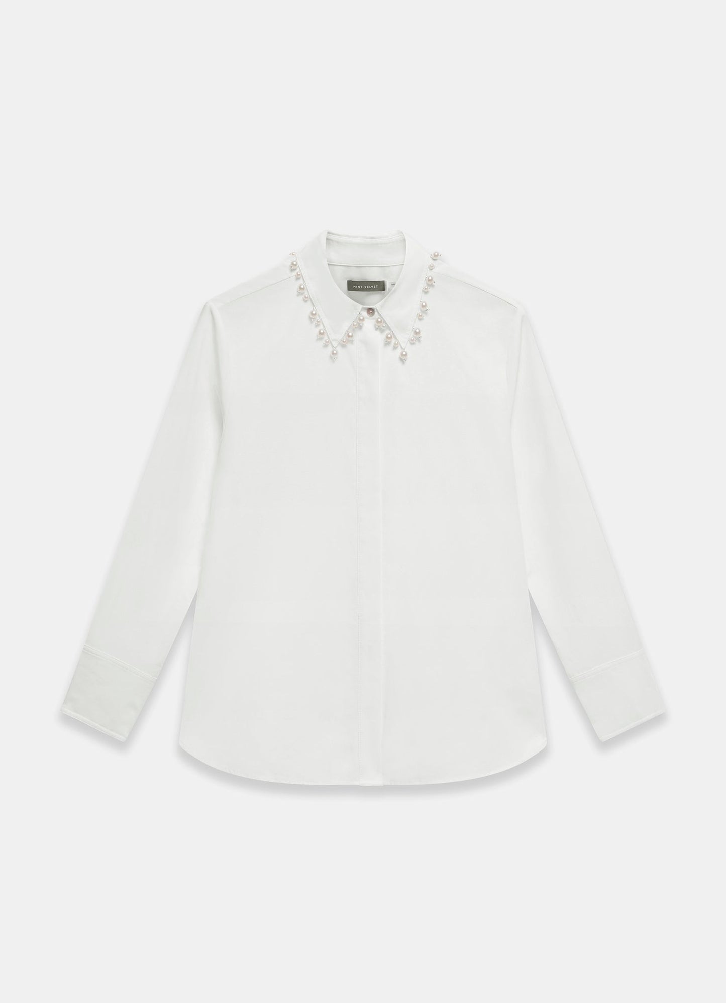 White Cotton Blend Pearl Collar Shirt