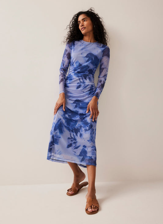 Blue Abstract Print Mesh Midi Dress