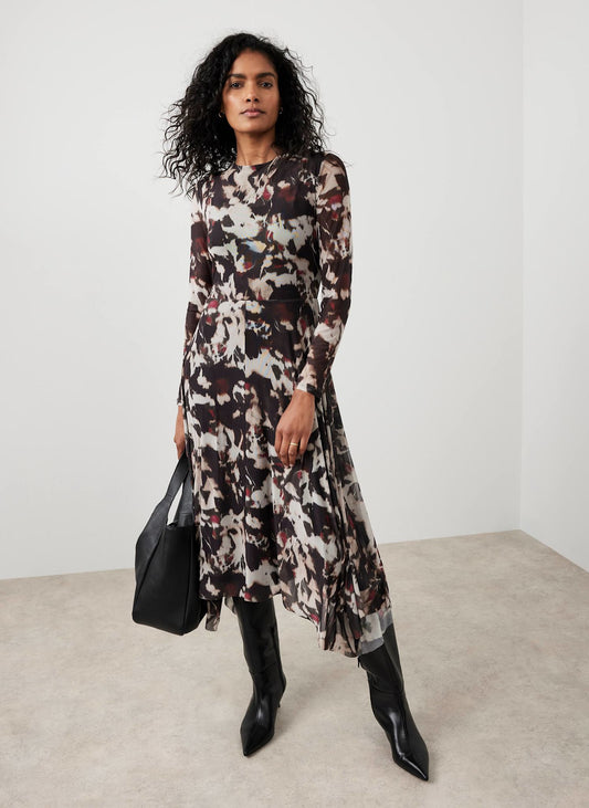 Burgundy Abstract Print Mesh Midi Dress