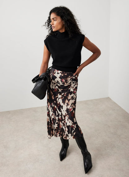 Burgundy Abstract Print Midi Skirt