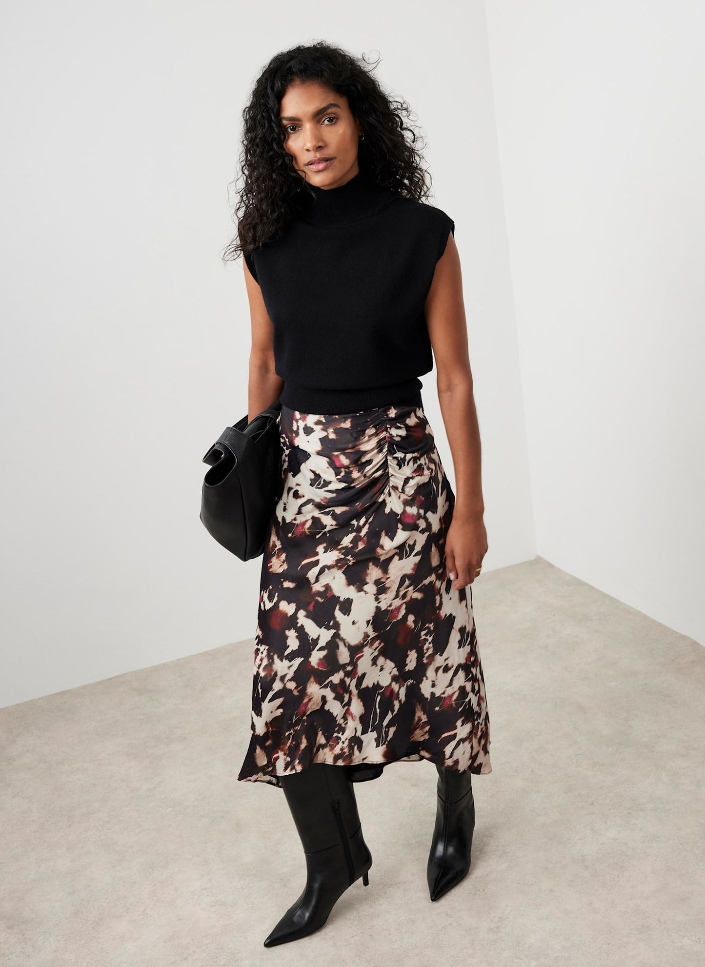 Burgundy Abstract Print Midi Skirt