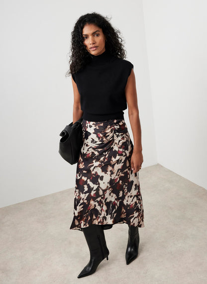 Burgundy Abstract Print Midi Skirt