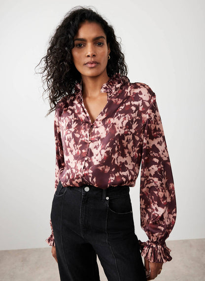 Burgundy Printed Satin Blouse