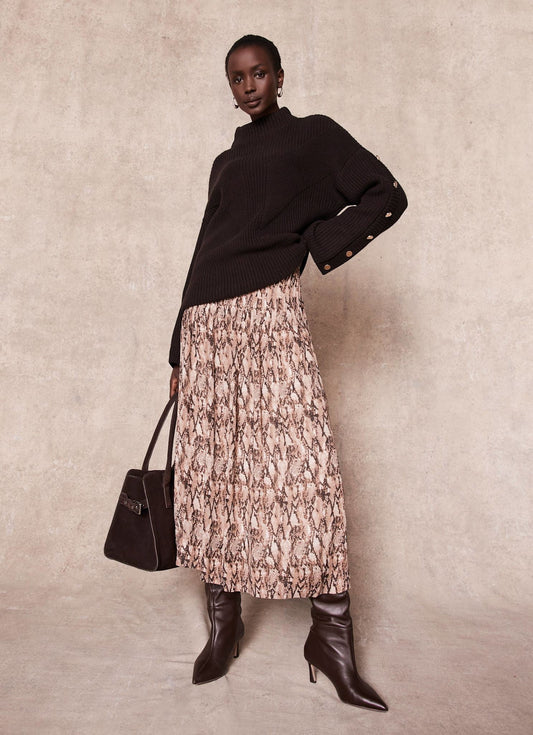 Brown Snake Print Midi Skirt