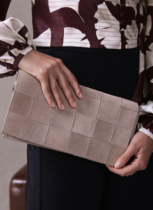 Avi Neutral Suede Woven Clutch