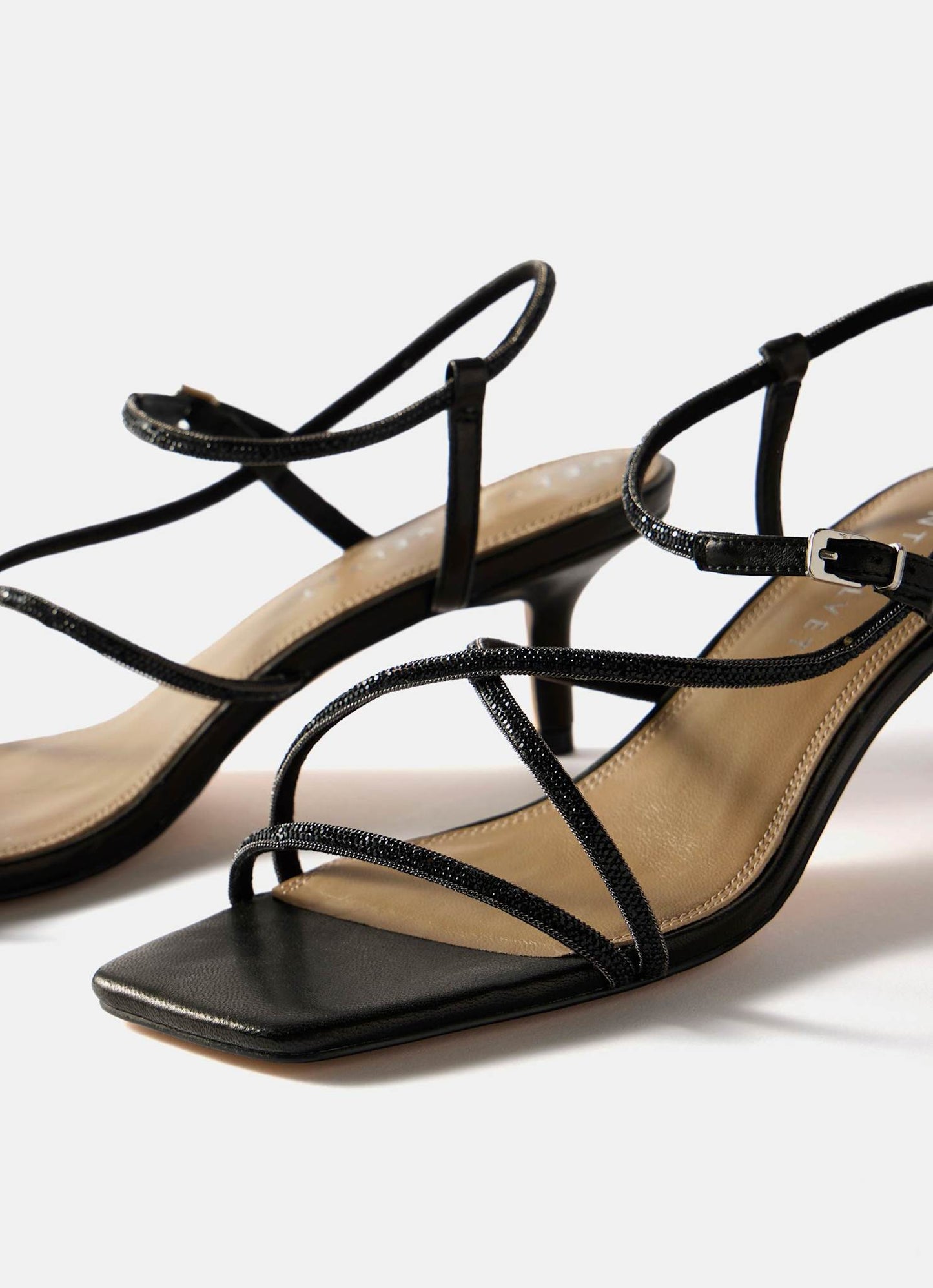 Eli Black Embellished Strappy Kitten Heels
