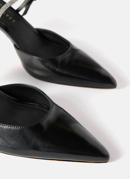 Kai Black Leather Diamante Trim Mid Heels