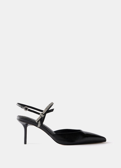 Kai Black Leather Diamante Trim Mid Heels