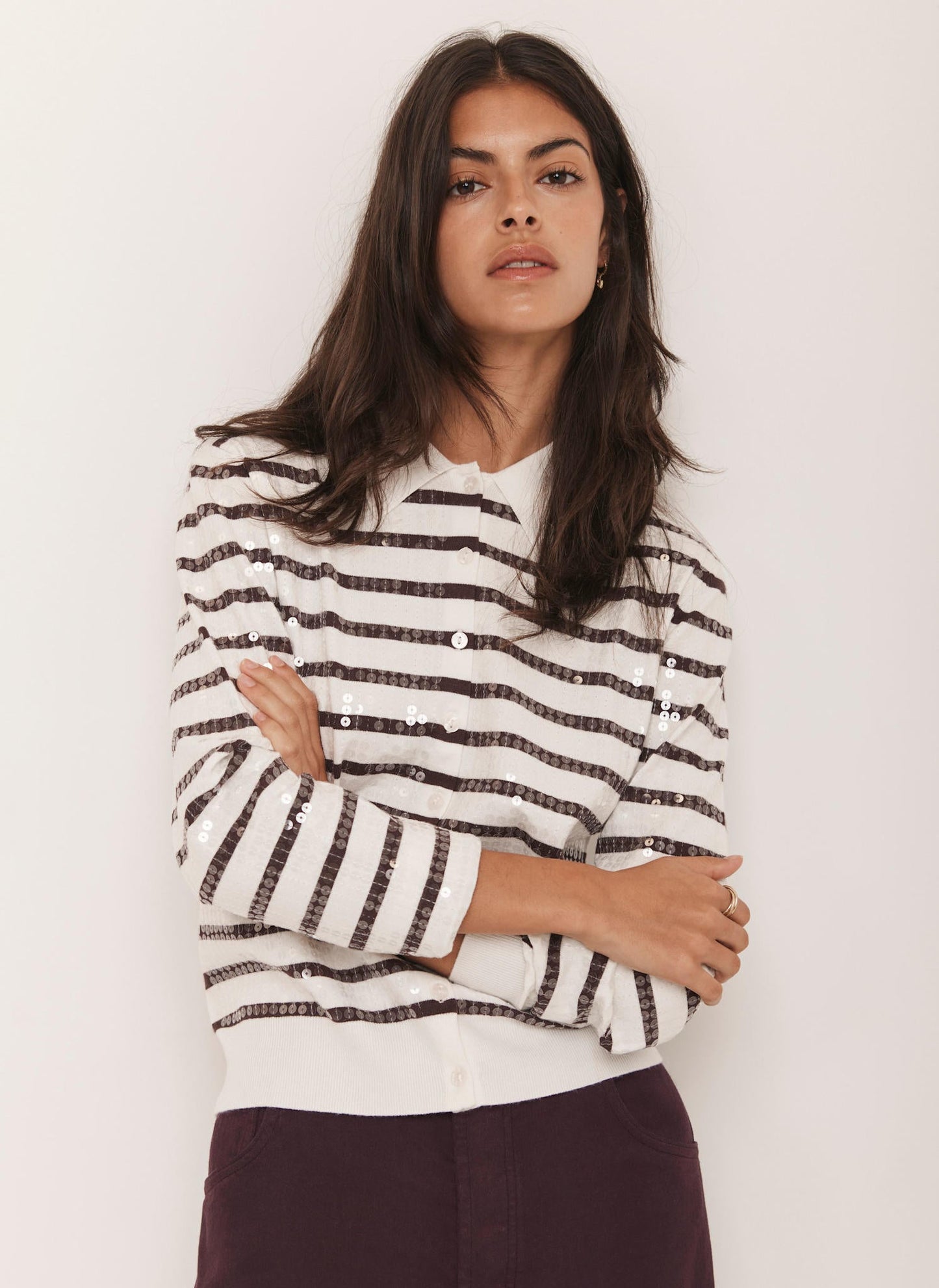 Burgundy Stripe Sequin Collar Cardigan