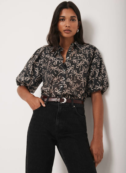 Black Bow Print Cropped Shirt