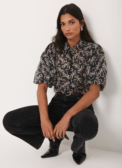Black Bow Print Cropped Shirt
