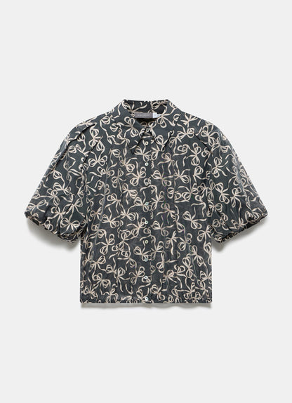 Black Bow Print Cropped Shirt