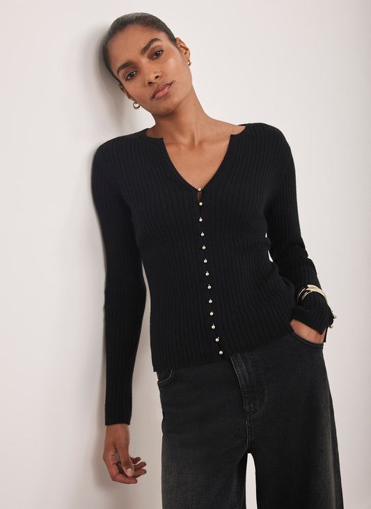 Black Button Detail Ribbed Top