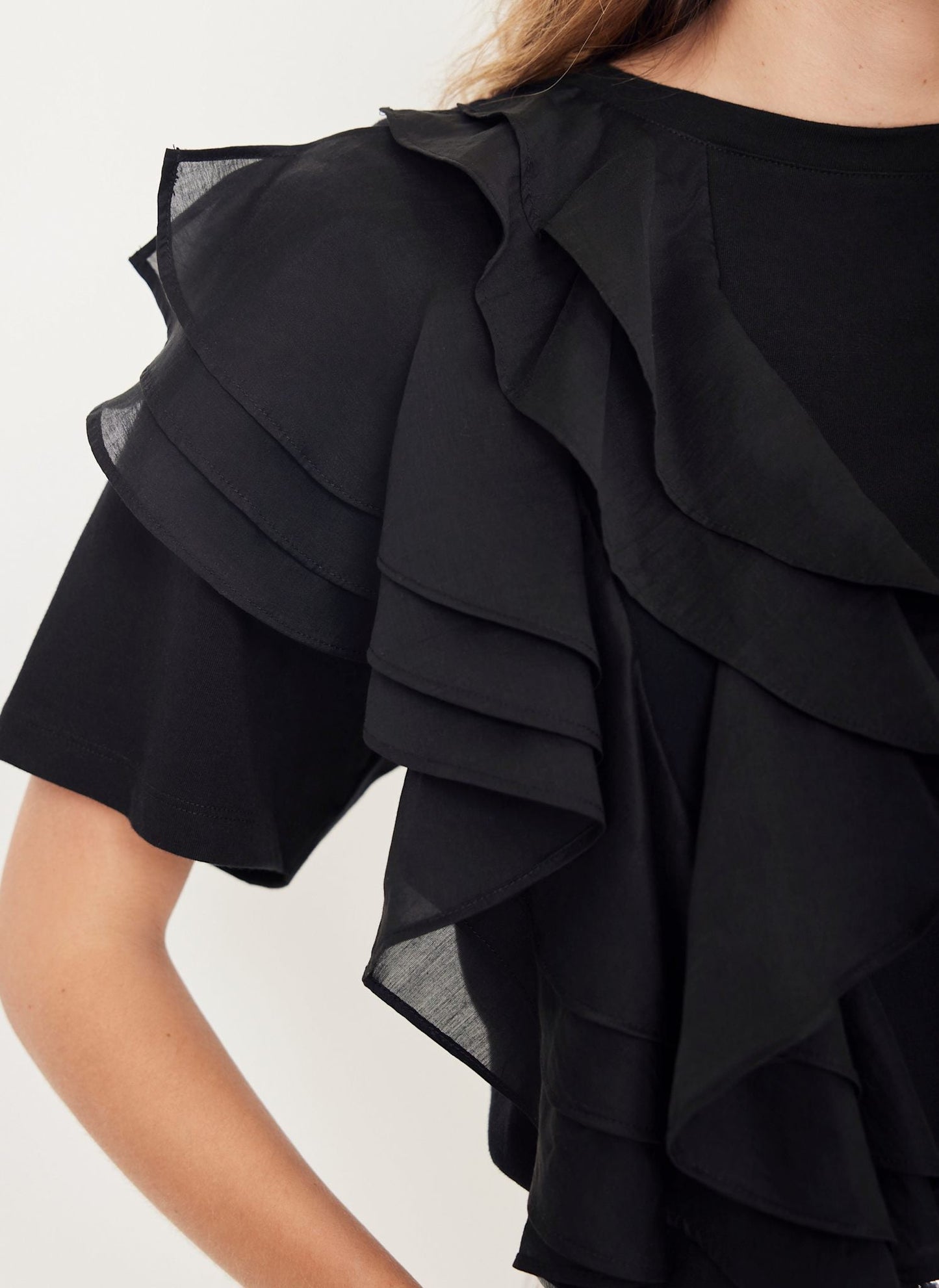 Black Cotton Frill T-Shirt