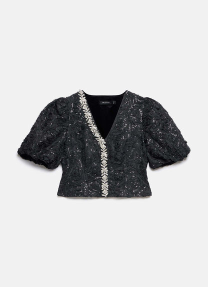 Black Embellished Puff Sleeve Sequin Top