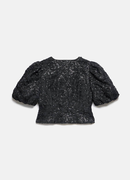 Black Embellished Puff Sleeve Sequin Top