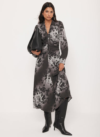 Black Floral Print Midi Dress