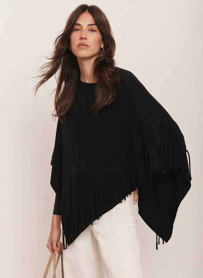 Black Cotton Blend Fringed Knit Poncho