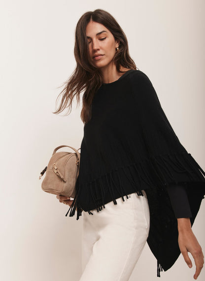 Black Cotton Blend Fringed Knit Poncho